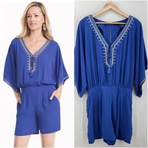 EUC White House Black Market Blue V-Neck Romper with Embroidered Details Size 2